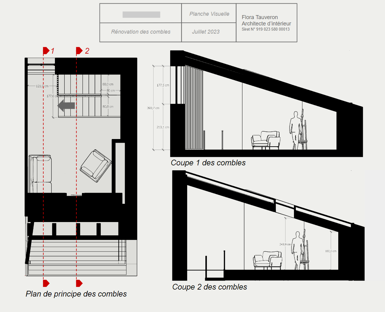 Plan et coupe d'un aménagement d'appartement particulier